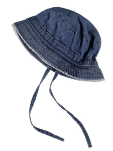 Solhatt nitBava denimblå med spets 2-6 mån